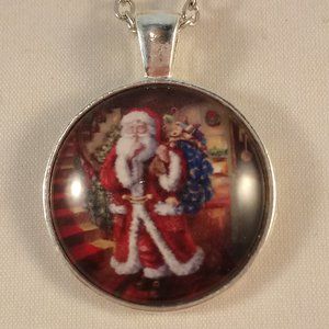 Silver Santa Claus Cabochon Pendant Necklace 20" Party Gift